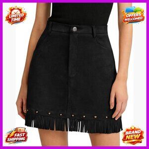 Faux Suede Mini Skirt High Waisted with Fringe Pockets Zipper Western
